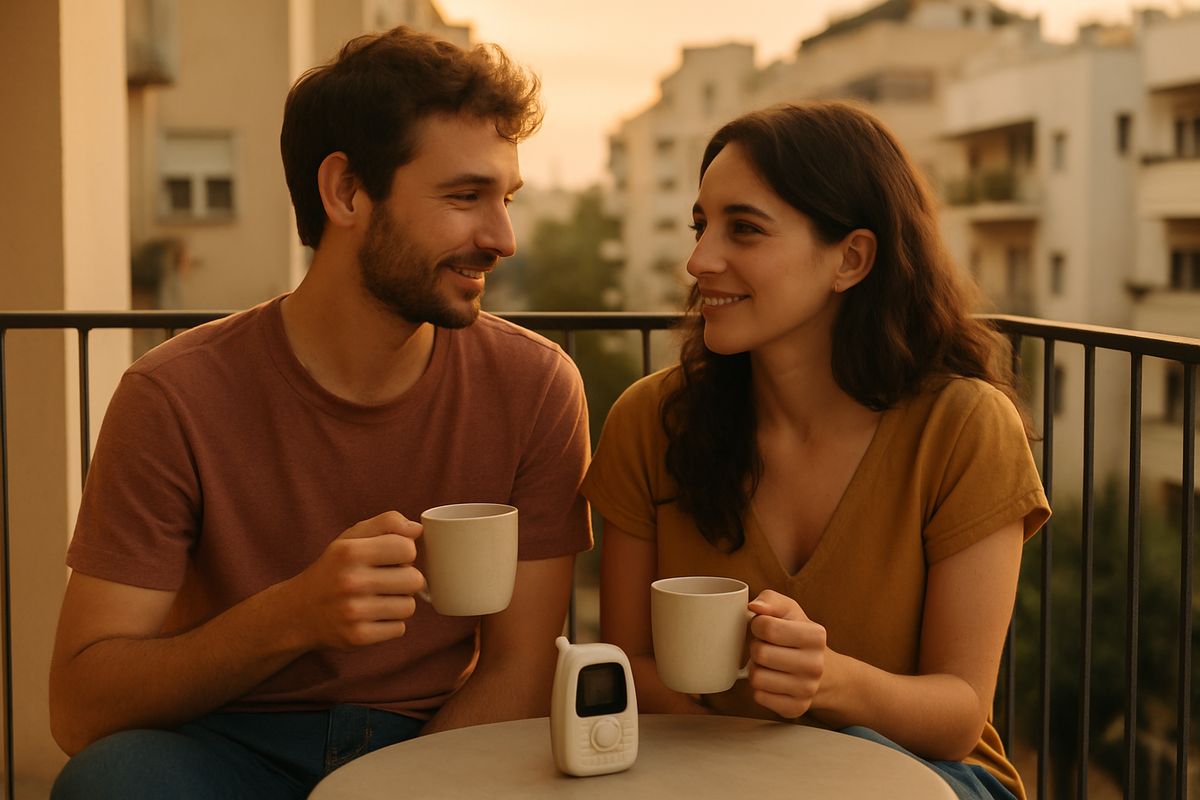 זוג צעיר על מרפסת בתל אביב עם קפה ומוניטור תינוק